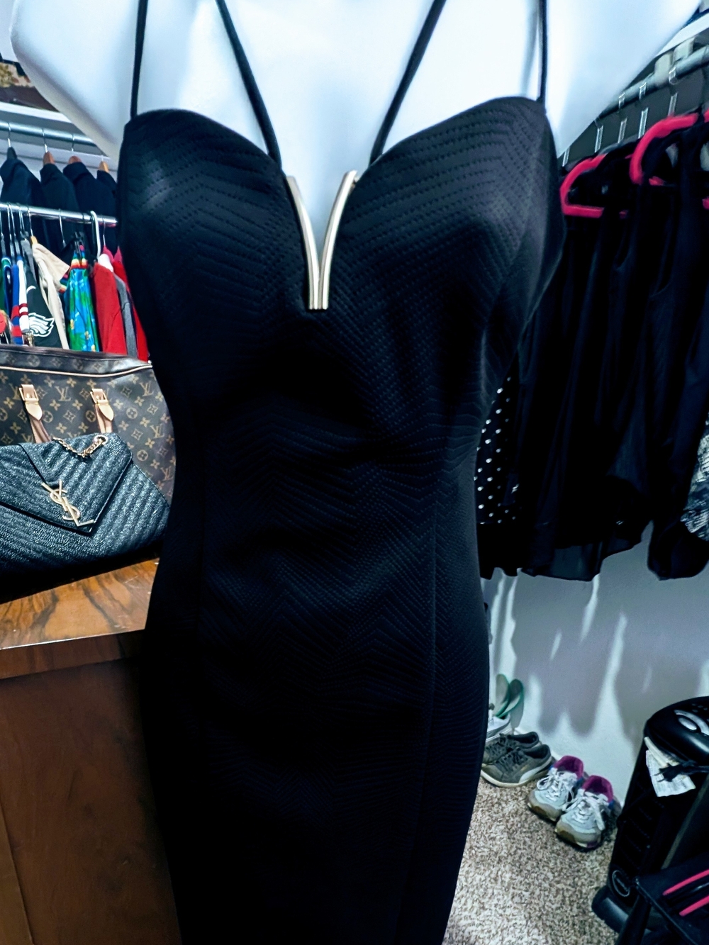 Guess Black Strapless Midi Dress with Gold V Accent